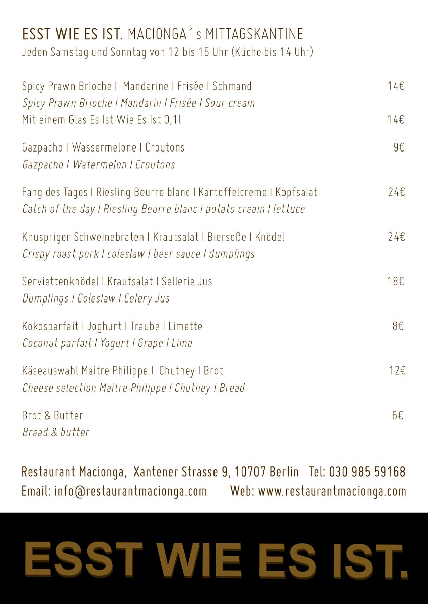 Restaurant Macionga, Lunch